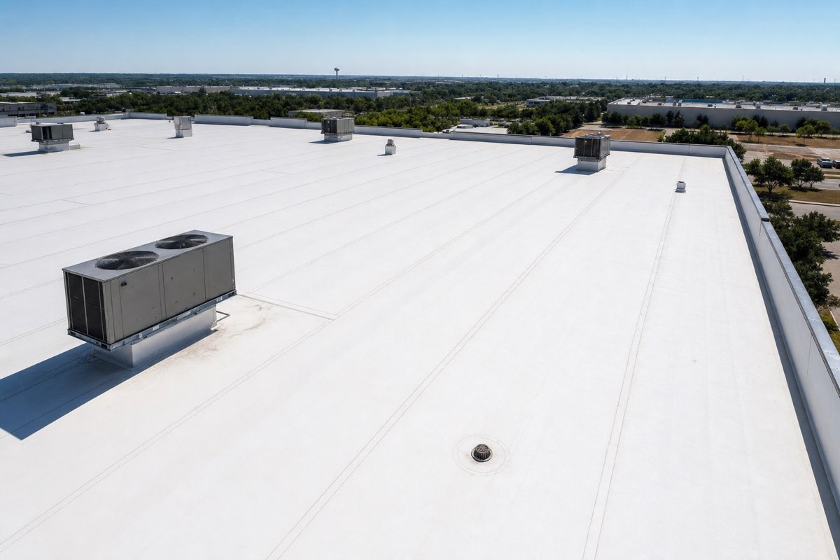White TPO membrane commercial flat roof with rooftop HVAC units in Lewisville, TX