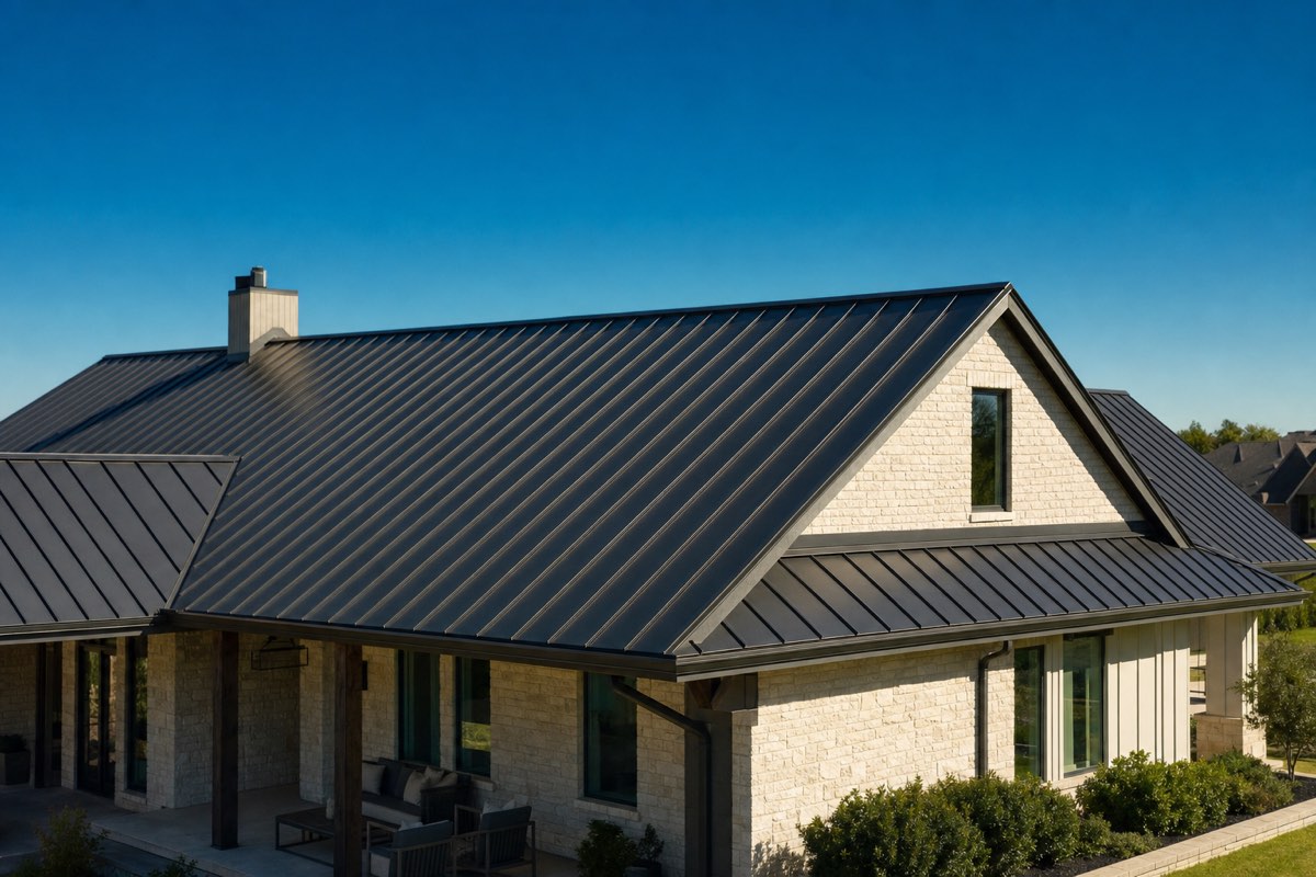 Standing seam metal roof on a modern farmhouse-style home in Lewisville, TX