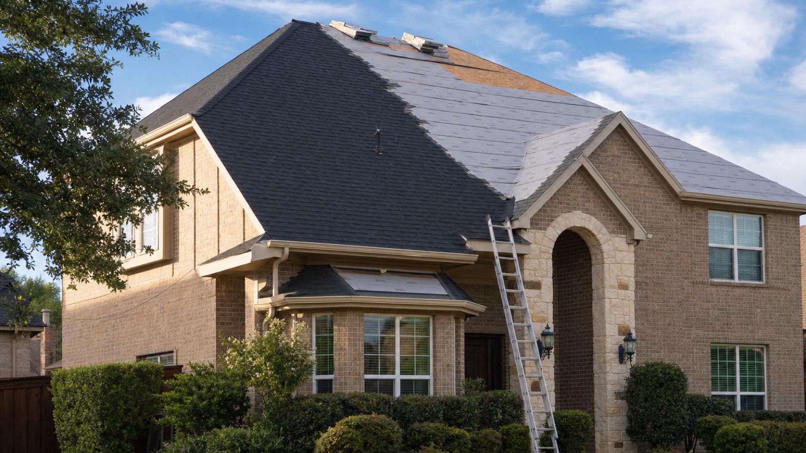 Asphalt shingle roof replacement in progress on a brick home in Lewisville, Texas