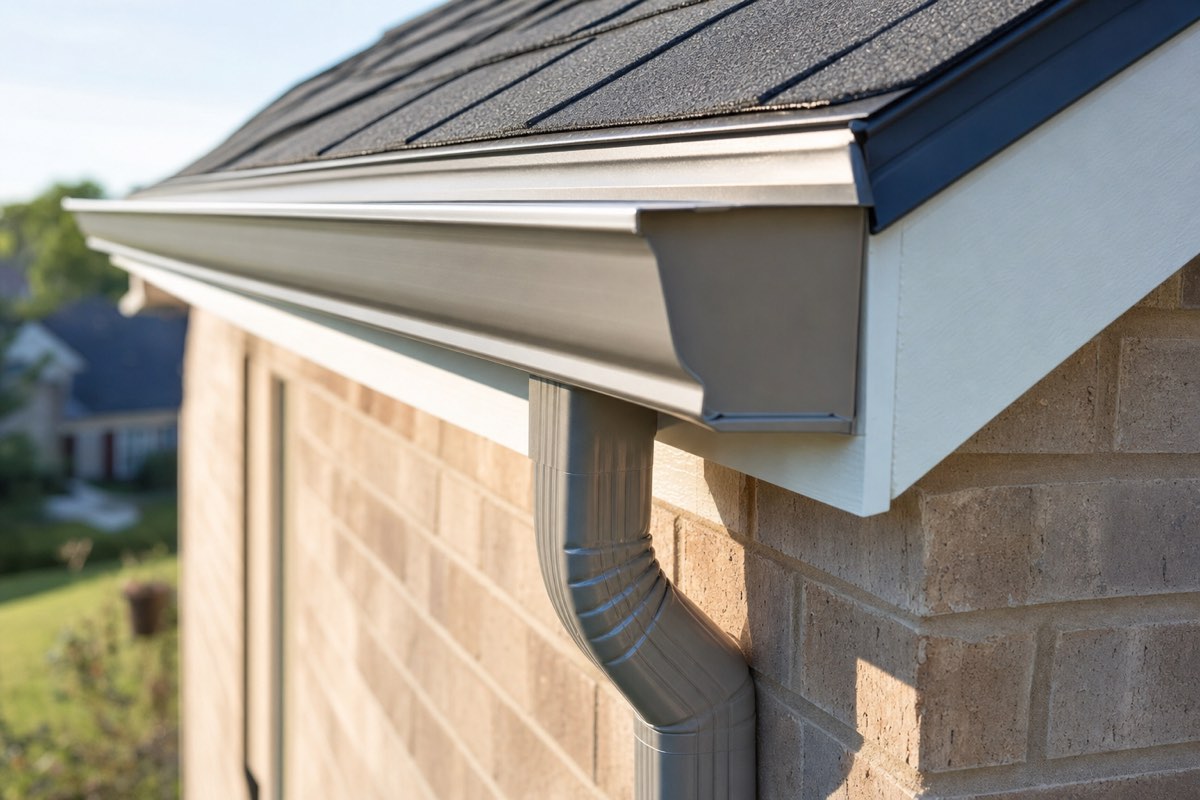 Newly installed seamless aluminum gutter and downspout on a brick home in Lewisville, TX