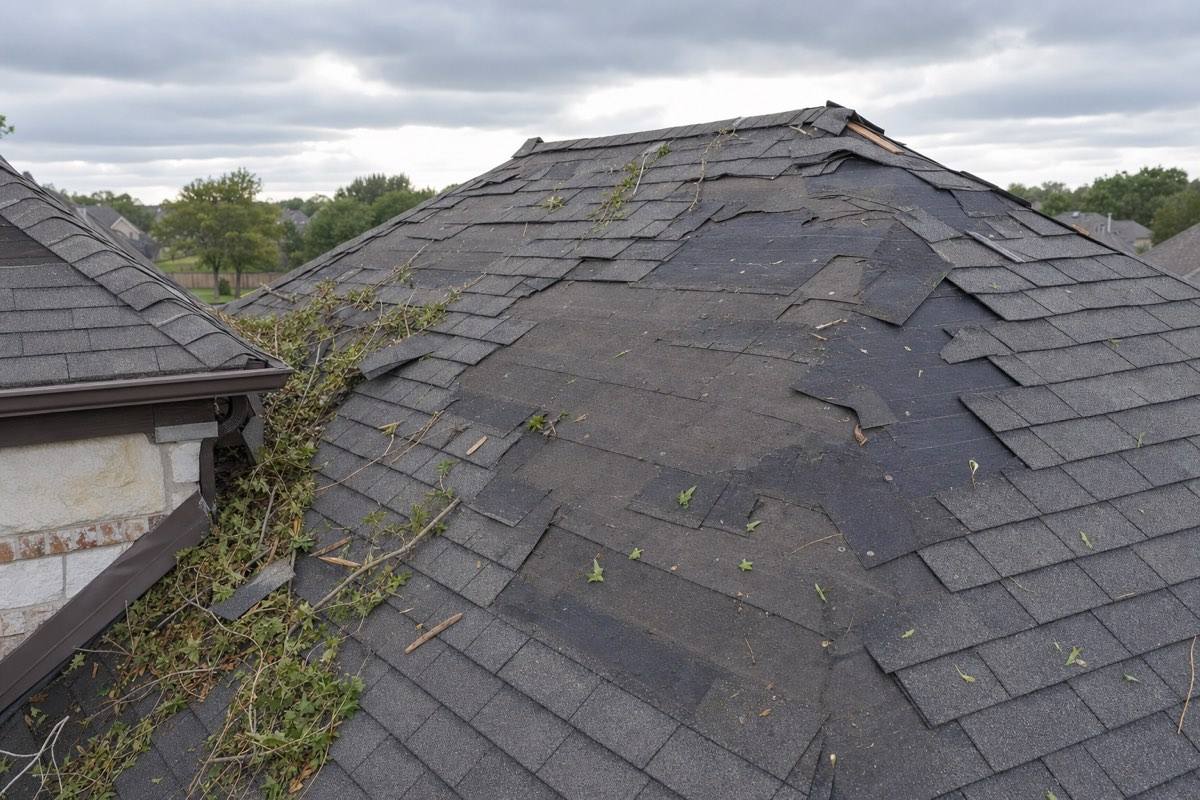 Storm-damaged roof in Lewisville, TX with missing shingles and exposed underlayment after high winds